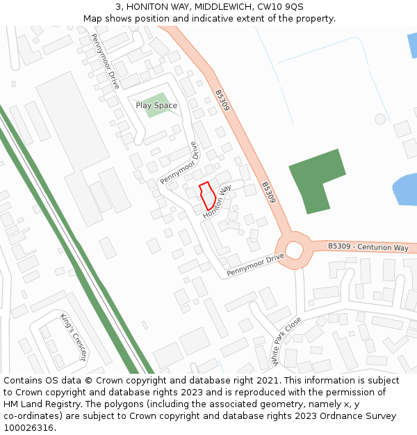 3, HONITON WAY, MIDDLEWICH, CW10 9QS: Location map and indicative extent of plot