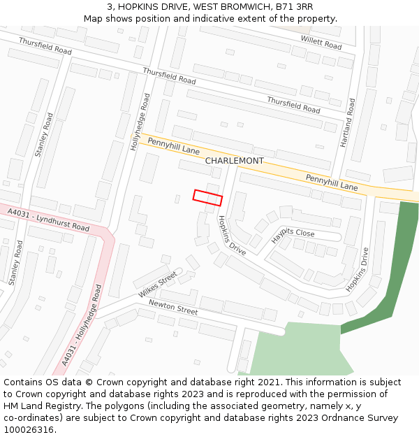 3, HOPKINS DRIVE, WEST BROMWICH, B71 3RR: Location map and indicative extent of plot