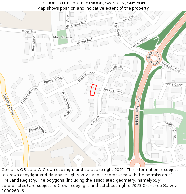 3, HORCOTT ROAD, PEATMOOR, SWINDON, SN5 5BN: Location map and indicative extent of plot