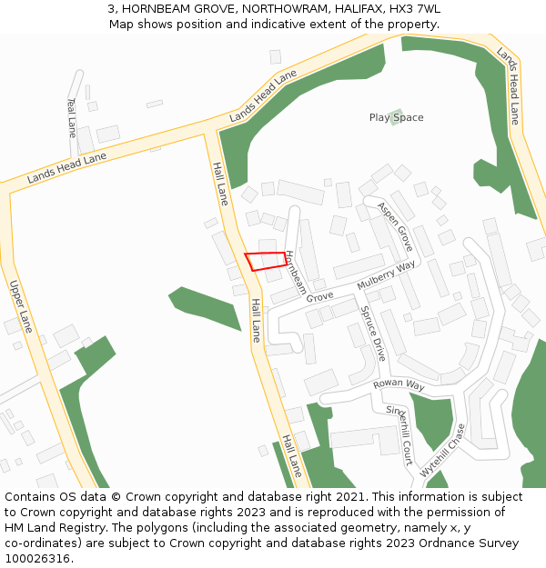 3, HORNBEAM GROVE, NORTHOWRAM, HALIFAX, HX3 7WL: Location map and indicative extent of plot