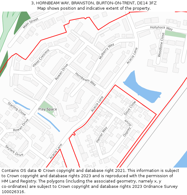 3, HORNBEAM WAY, BRANSTON, BURTON-ON-TRENT, DE14 3FZ: Location map and indicative extent of plot