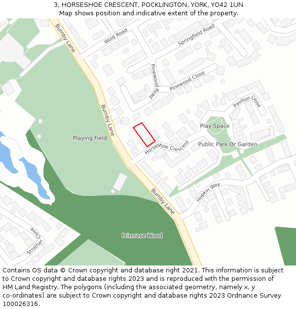 3, HORSESHOE CRESCENT, POCKLINGTON, YORK, YO42 1UN: Location map and indicative extent of plot