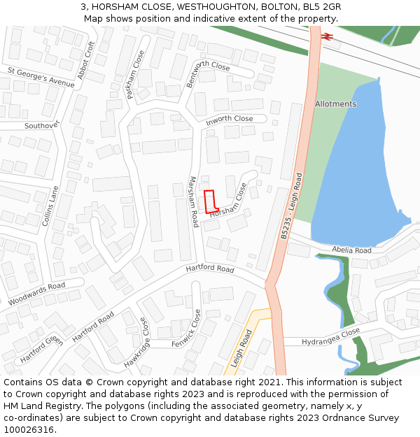 3, HORSHAM CLOSE, WESTHOUGHTON, BOLTON, BL5 2GR: Location map and indicative extent of plot