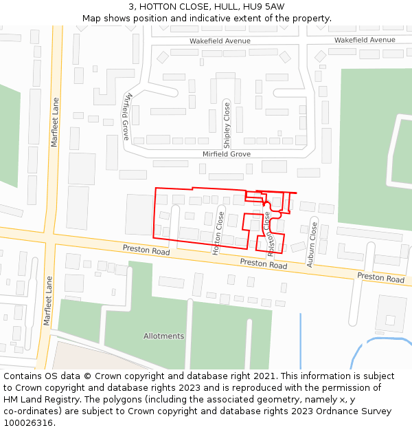 3, HOTTON CLOSE, HULL, HU9 5AW: Location map and indicative extent of plot