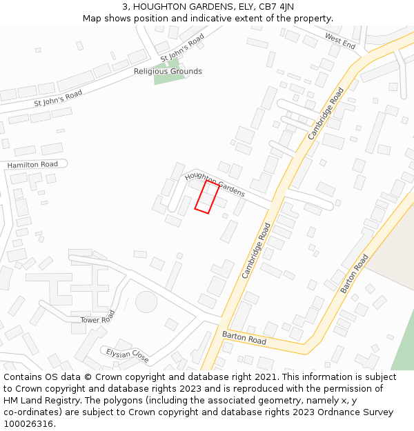 3, HOUGHTON GARDENS, ELY, CB7 4JN: Location map and indicative extent of plot