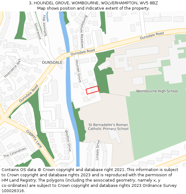 3, HOUNDEL GROVE, WOMBOURNE, WOLVERHAMPTON, WV5 8BZ: Location map and indicative extent of plot