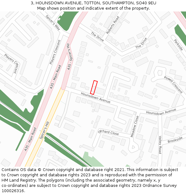 3, HOUNSDOWN AVENUE, TOTTON, SOUTHAMPTON, SO40 9EU: Location map and indicative extent of plot