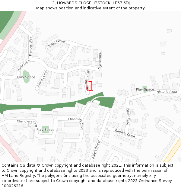 3, HOWARDS CLOSE, IBSTOCK, LE67 6DJ: Location map and indicative extent of plot