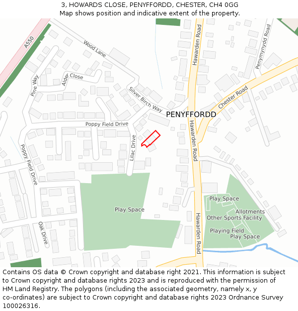 3, HOWARDS CLOSE, PENYFFORDD, CHESTER, CH4 0GG: Location map and indicative extent of plot