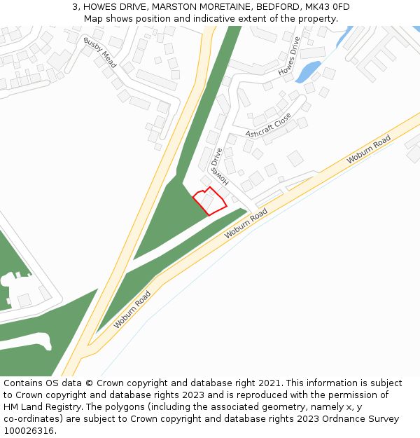 3, HOWES DRIVE, MARSTON MORETAINE, BEDFORD, MK43 0FD: Location map and indicative extent of plot