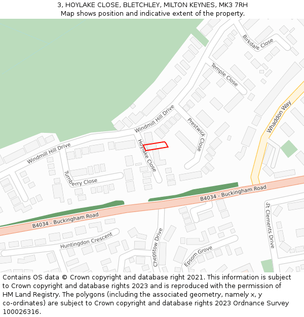 3, HOYLAKE CLOSE, BLETCHLEY, MILTON KEYNES, MK3 7RH: Location map and indicative extent of plot