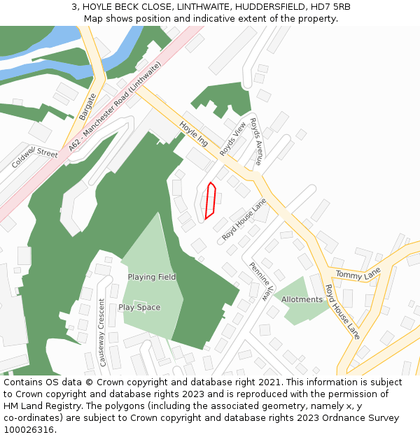 3, HOYLE BECK CLOSE, LINTHWAITE, HUDDERSFIELD, HD7 5RB: Location map and indicative extent of plot