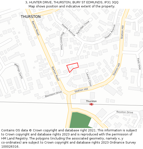 3, HUNTER DRIVE, THURSTON, BURY ST EDMUNDS, IP31 3QQ: Location map and indicative extent of plot