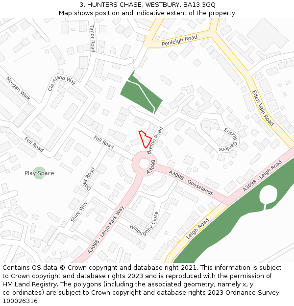 3, HUNTERS CHASE, WESTBURY, BA13 3GQ: Location map and indicative extent of plot