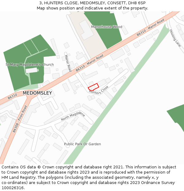 3, HUNTERS CLOSE, MEDOMSLEY, CONSETT, DH8 6SP: Location map and indicative extent of plot