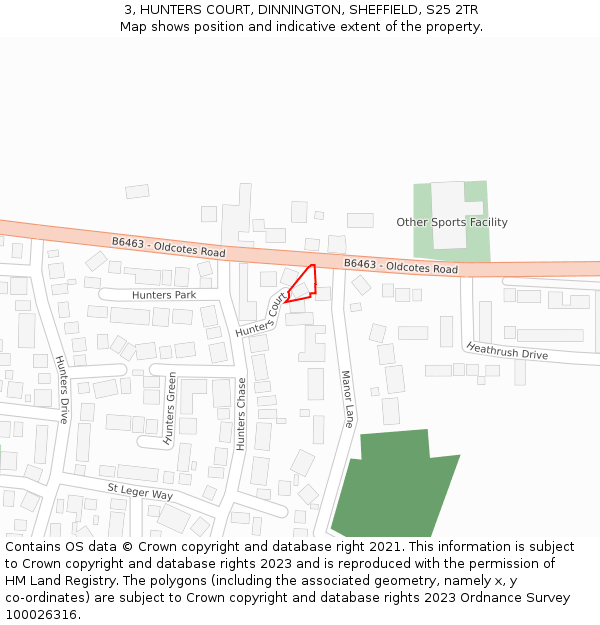 3, HUNTERS COURT, DINNINGTON, SHEFFIELD, S25 2TR: Location map and indicative extent of plot