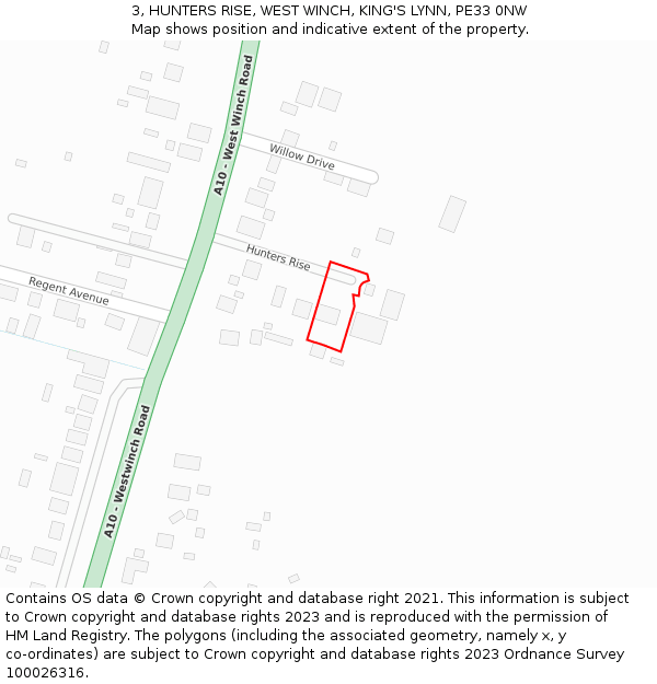 3, HUNTERS RISE, WEST WINCH, KING'S LYNN, PE33 0NW: Location map and indicative extent of plot