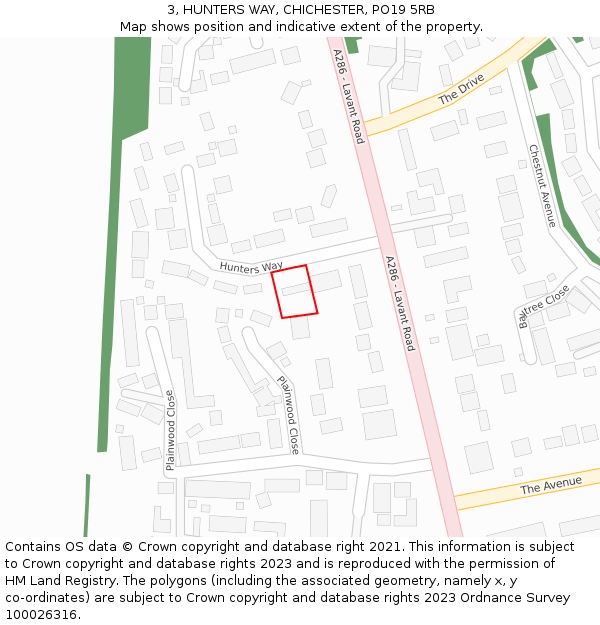 3, HUNTERS WAY, CHICHESTER, PO19 5RB: Location map and indicative extent of plot