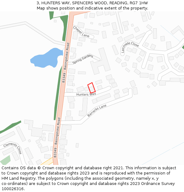 3, HUNTERS WAY, SPENCERS WOOD, READING, RG7 1HW: Location map and indicative extent of plot