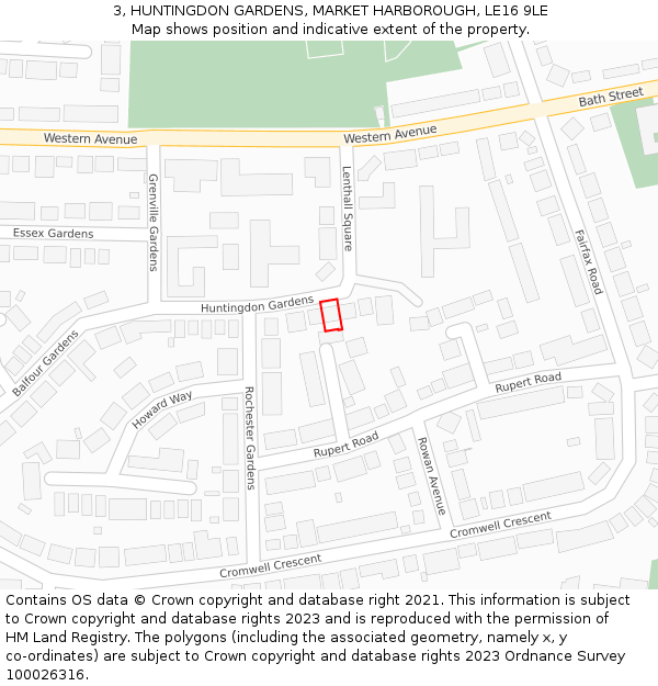 3, HUNTINGDON GARDENS, MARKET HARBOROUGH, LE16 9LE: Location map and indicative extent of plot