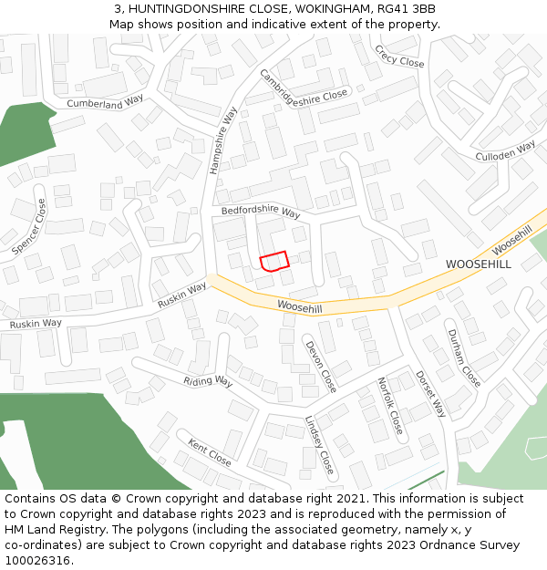 3, HUNTINGDONSHIRE CLOSE, WOKINGHAM, RG41 3BB: Location map and indicative extent of plot