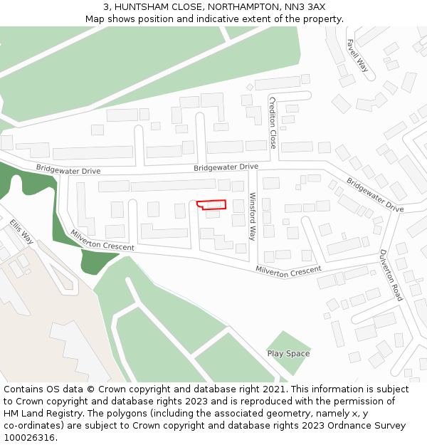 3, HUNTSHAM CLOSE, NORTHAMPTON, NN3 3AX: Location map and indicative extent of plot