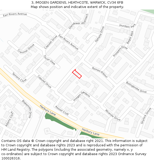 3, IMOGEN GARDENS, HEATHCOTE, WARWICK, CV34 6FB: Location map and indicative extent of plot