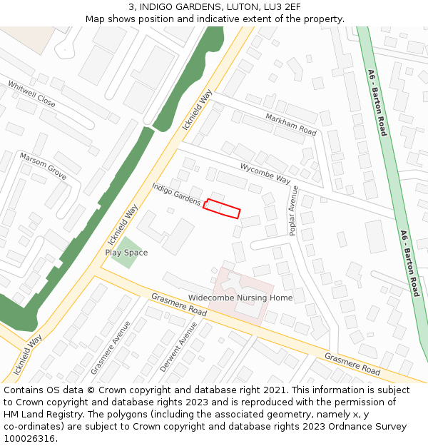 3, INDIGO GARDENS, LUTON, LU3 2EF: Location map and indicative extent of plot