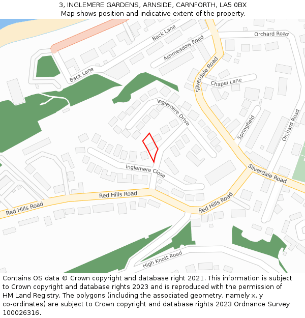 3, INGLEMERE GARDENS, ARNSIDE, CARNFORTH, LA5 0BX: Location map and indicative extent of plot