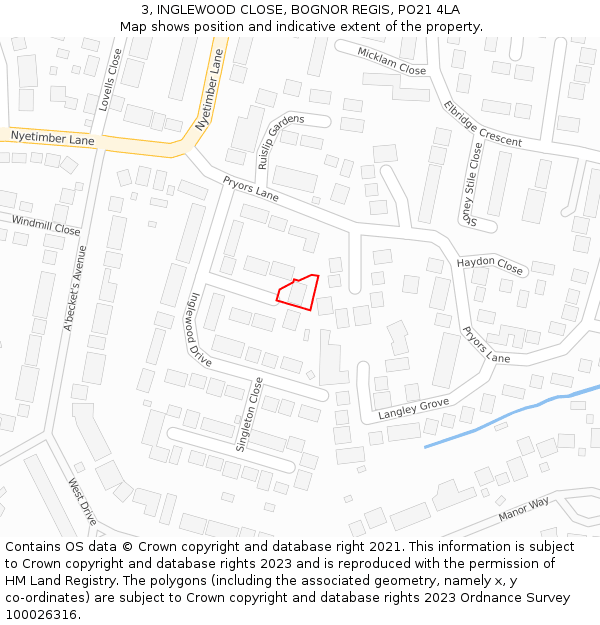 3, INGLEWOOD CLOSE, BOGNOR REGIS, PO21 4LA: Location map and indicative extent of plot