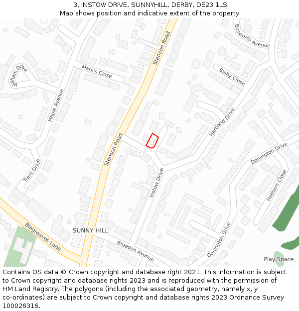 3, INSTOW DRIVE, SUNNYHILL, DERBY, DE23 1LS: Location map and indicative extent of plot