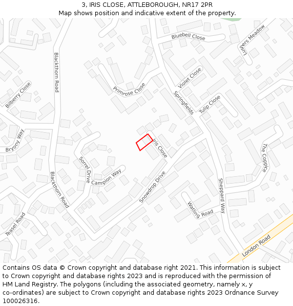 3, IRIS CLOSE, ATTLEBOROUGH, NR17 2PR: Location map and indicative extent of plot