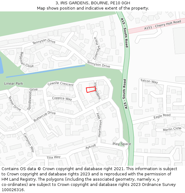 3, IRIS GARDENS, BOURNE, PE10 0GH: Location map and indicative extent of plot