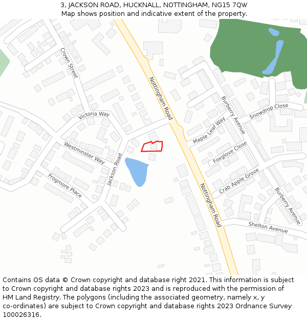 3, JACKSON ROAD, HUCKNALL, NOTTINGHAM, NG15 7QW: Location map and indicative extent of plot
