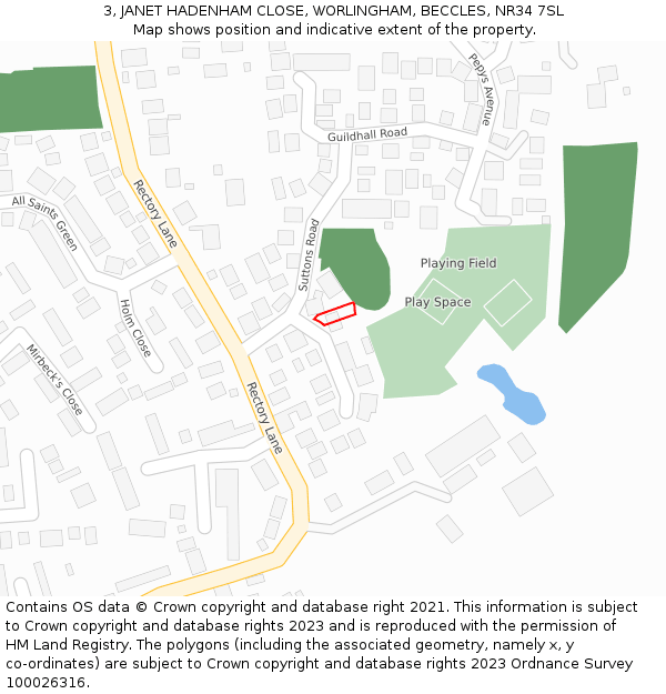 3, JANET HADENHAM CLOSE, WORLINGHAM, BECCLES, NR34 7SL: Location map and indicative extent of plot