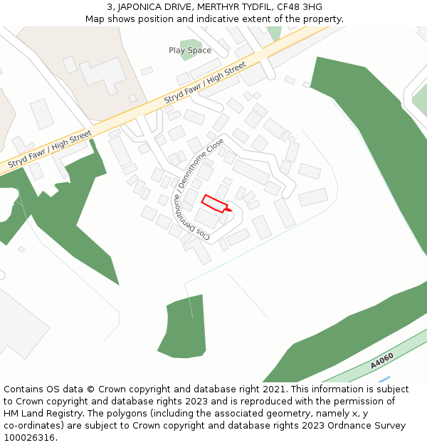 3, JAPONICA DRIVE, MERTHYR TYDFIL, CF48 3HG: Location map and indicative extent of plot