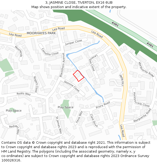 3, JASMINE CLOSE, TIVERTON, EX16 6UB: Location map and indicative extent of plot