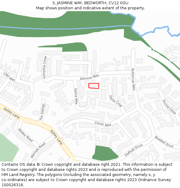 3, JASMINE WAY, BEDWORTH, CV12 0GU: Location map and indicative extent of plot