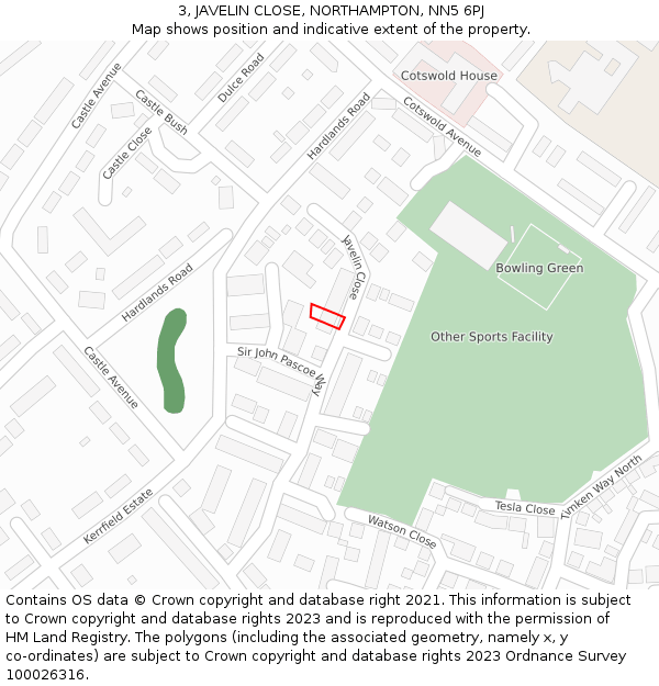 3, JAVELIN CLOSE, NORTHAMPTON, NN5 6PJ: Location map and indicative extent of plot