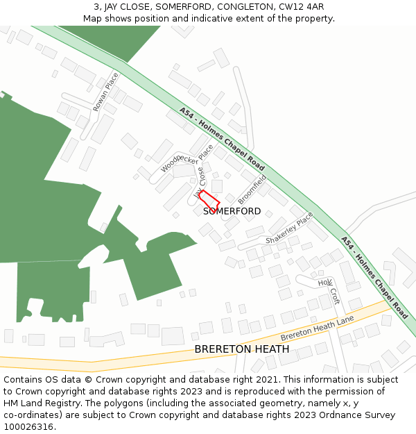 3, JAY CLOSE, SOMERFORD, CONGLETON, CW12 4AR: Location map and indicative extent of plot