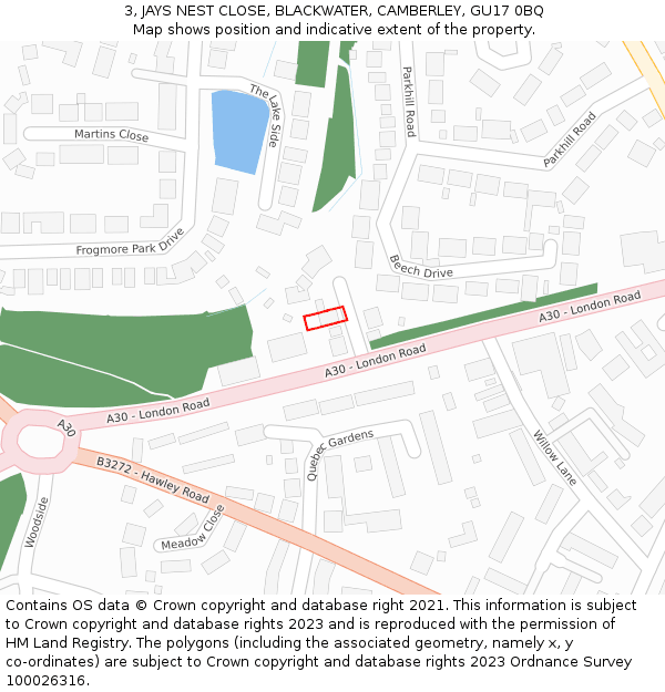 3, JAYS NEST CLOSE, BLACKWATER, CAMBERLEY, GU17 0BQ: Location map and indicative extent of plot