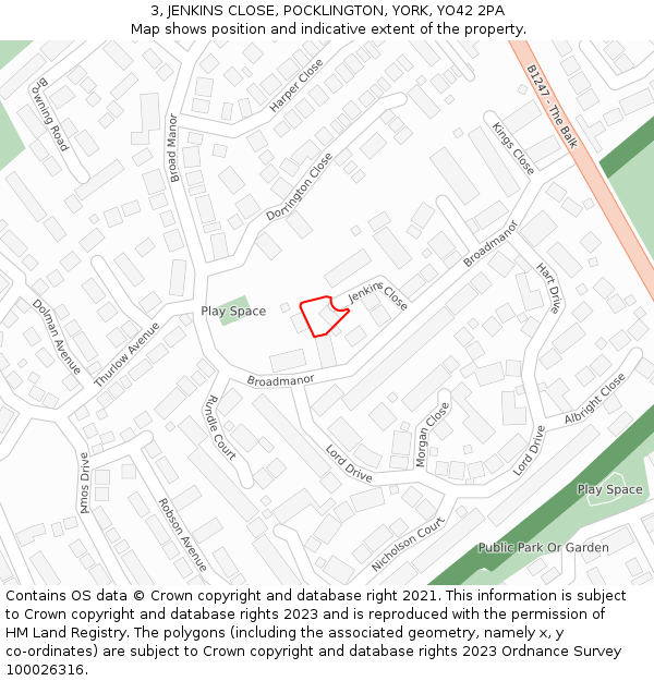3, JENKINS CLOSE, POCKLINGTON, YORK, YO42 2PA: Location map and indicative extent of plot