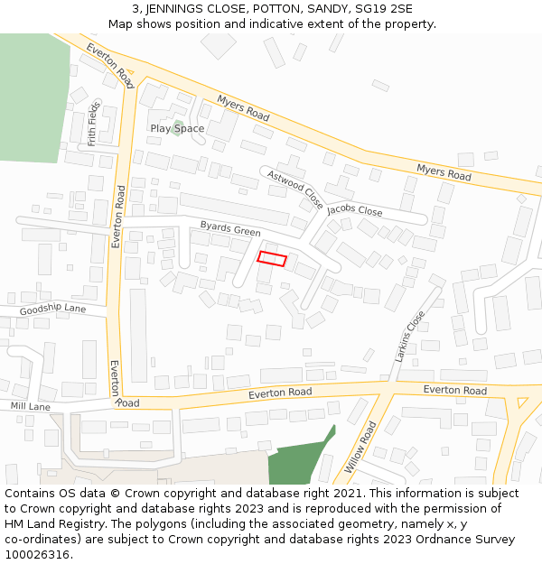 3, JENNINGS CLOSE, POTTON, SANDY, SG19 2SE: Location map and indicative extent of plot