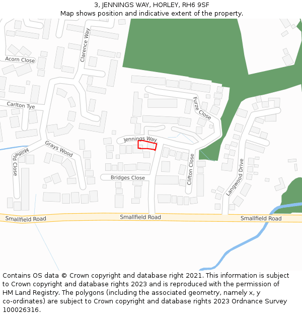 3, JENNINGS WAY, HORLEY, RH6 9SF: Location map and indicative extent of plot