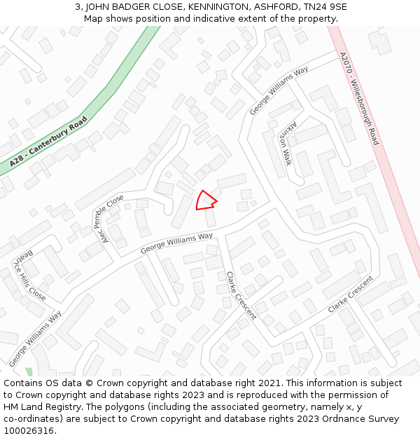 3, JOHN BADGER CLOSE, KENNINGTON, ASHFORD, TN24 9SE: Location map and indicative extent of plot