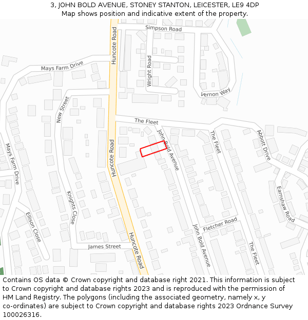 3, JOHN BOLD AVENUE, STONEY STANTON, LEICESTER, LE9 4DP: Location map and indicative extent of plot