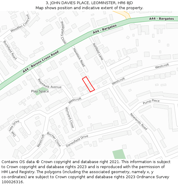 3, JOHN DAVIES PLACE, LEOMINSTER, HR6 8JD: Location map and indicative extent of plot