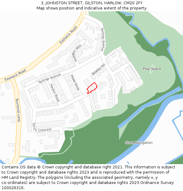 3, JOHNSTON STREET, GILSTON, HARLOW, CM20 2FY: Location map and indicative extent of plot