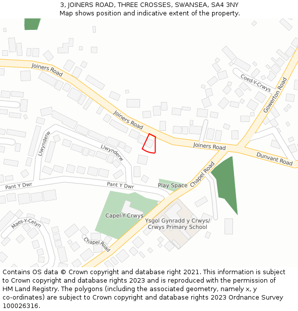 3, JOINERS ROAD, THREE CROSSES, SWANSEA, SA4 3NY: Location map and indicative extent of plot