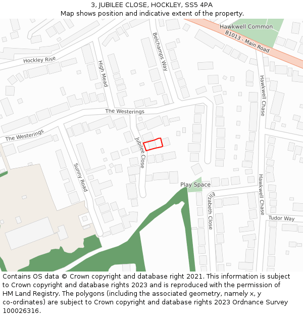 3, JUBILEE CLOSE, HOCKLEY, SS5 4PA: Location map and indicative extent of plot